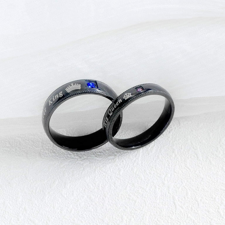 "His Queen Her King" Stainless Steel Couple Rings Set - Black Matching Promise Bands For Him & Her