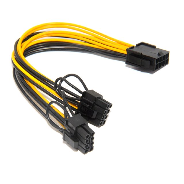 axGear PCI-E 8-Pin To 2x 8 Pin / 6 Pin Dual Power Splitter Cable Extension Wire with black and yellow wiring. Features one 8-pin PCI-E female connector and two 8-pin (6+2) male connectors, ideal for extending and splitting power supply connections to PCI Express graphics cards. Designed for computer cables and video card power needs, constructed with durable plastic and metal materials, approximately 8 inches in length.