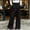 Black, variant on Women's Cute Ruffle Detail Denim Pants High Waisted Wide Leg Wrap Waist Design Asymmetrical Front Printed Denim Look A Line Bottoms with Pockets