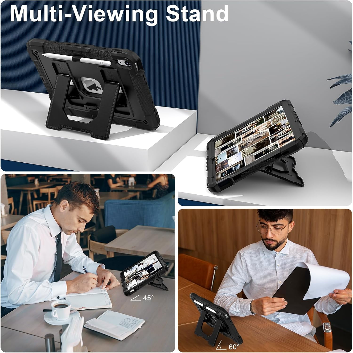 REQO Heavy Duty Protective Tablet Case for iPad 11th/10th Gen 2025/2022, 3 in 1 Robot Silicone Cover with Pencil Holder,Shoulder Strap, Large Bracket Fold Kickstand