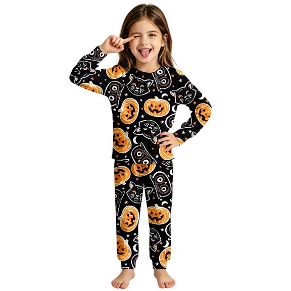 Little Girls Outfits 2 Piece Sets Halloween Themed Printed Long Sleeved and Long Pants Sleepwear Clothes Sets Size 7-8T