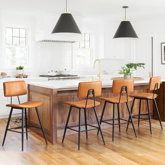 Dycanpo 24.5" Counter Height Bar Stools Set of 4, Faux Leather Upholstered Barstools, Brown