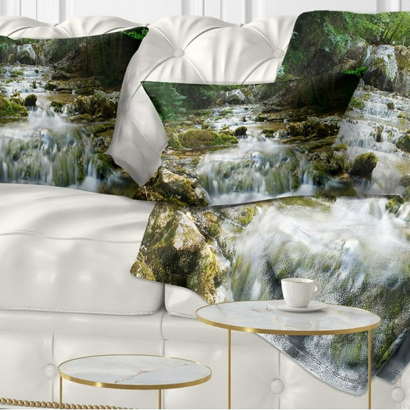 Designart Natural Spring Waterfall - Landscape Photography Throw Pillow - 12x20
