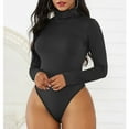 thumbnail image 2 of Women's Long Sleeve Bodysuit - Turtleneck, Slim Fit, Pure Color, High Elasticity, Snap Closure - Black, Size L, 2 of 6