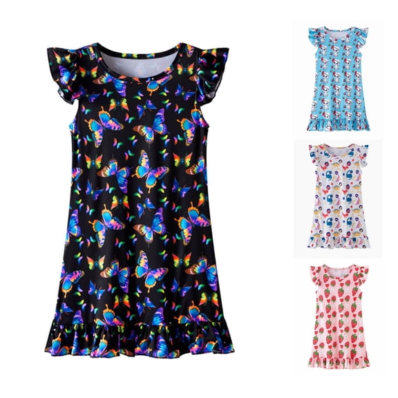 Gunia Teen Girls Nightgowns Pjs For Girls Summer Casual Flutter Sleeve Loose Fit Nightgown With Cute Print Home Dress For Kids Night Gowns Sleepwear Black 11-12 Years