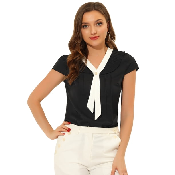 Allegra K Top Plisado De Oficina Con Cuello En V Y Manga Casquillo Para Mujer Negro M