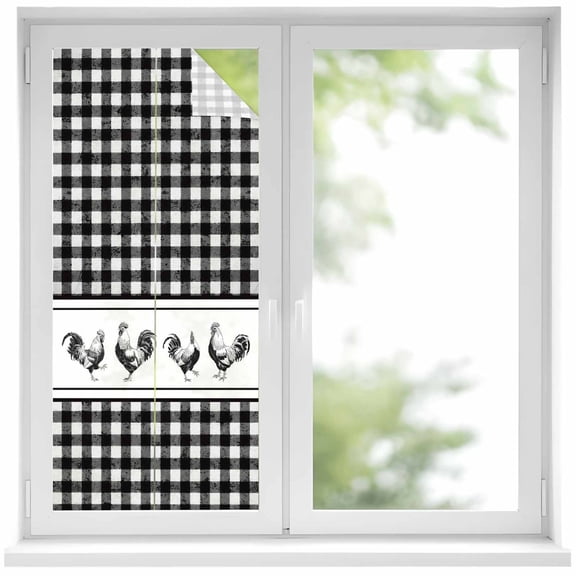 Farmhouse Black Plaid Window Privacy Film, Vintage Country Cock Checkered Static Cling UV Sun Blocking Heat Control Window Tint Day and Night, Non-Adhesive One Way Windows Privacy Cover 19.6''x39.3''
