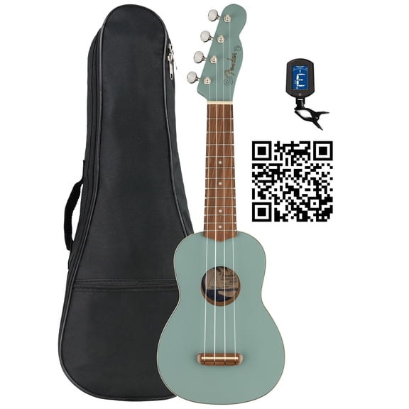 Fender Venice Soprano Ukulele - Sonic Gray Bundle with Gig Bag, Tuner, and Austin Bazaar Instructional Video