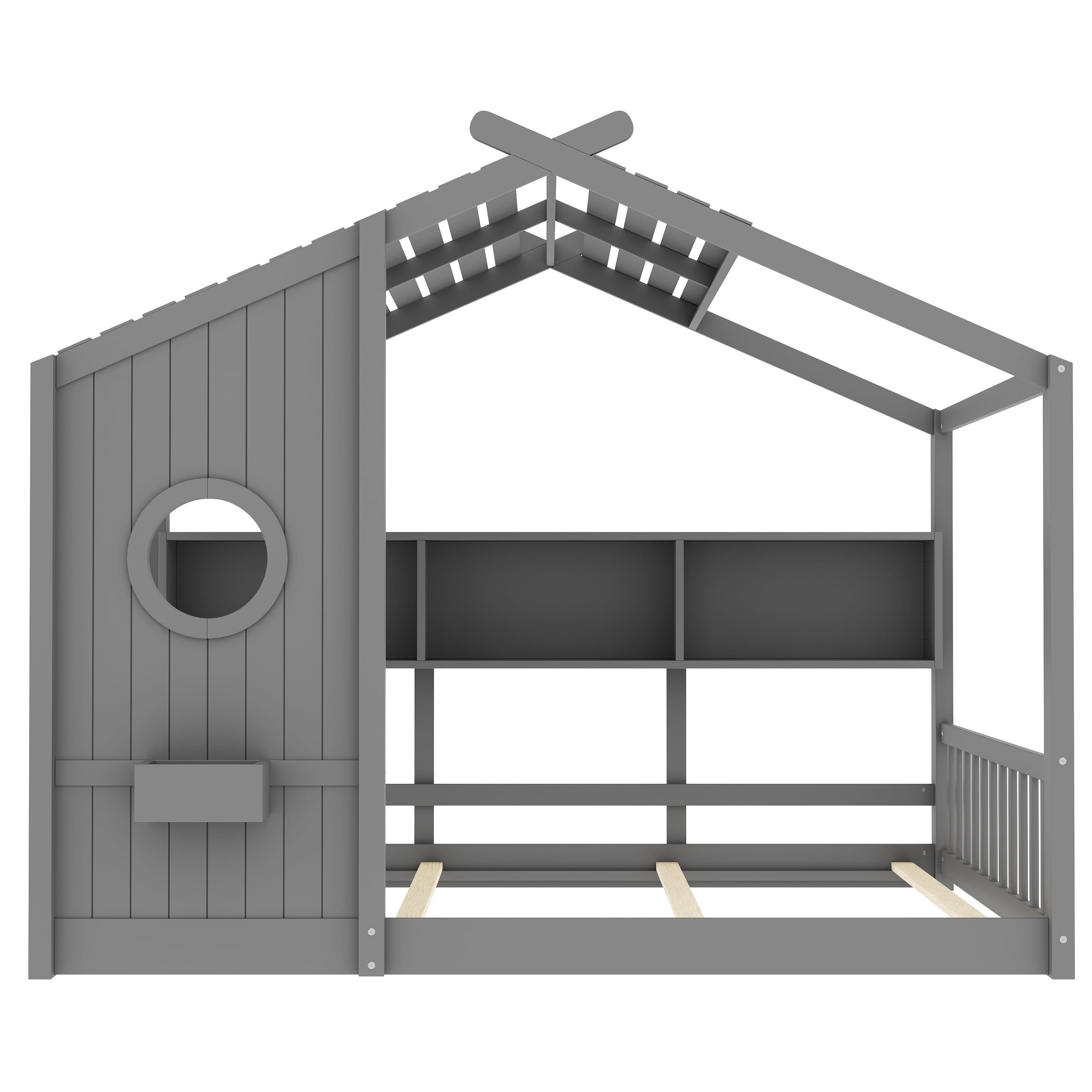 Mintazer Full Size Montessori House Floor Bed with Gable Playhouse Roof & Storage Cubbies, Low Platform Bed Frame with Round Window Side Panel for Toddlers Kids Bedroom, Gray