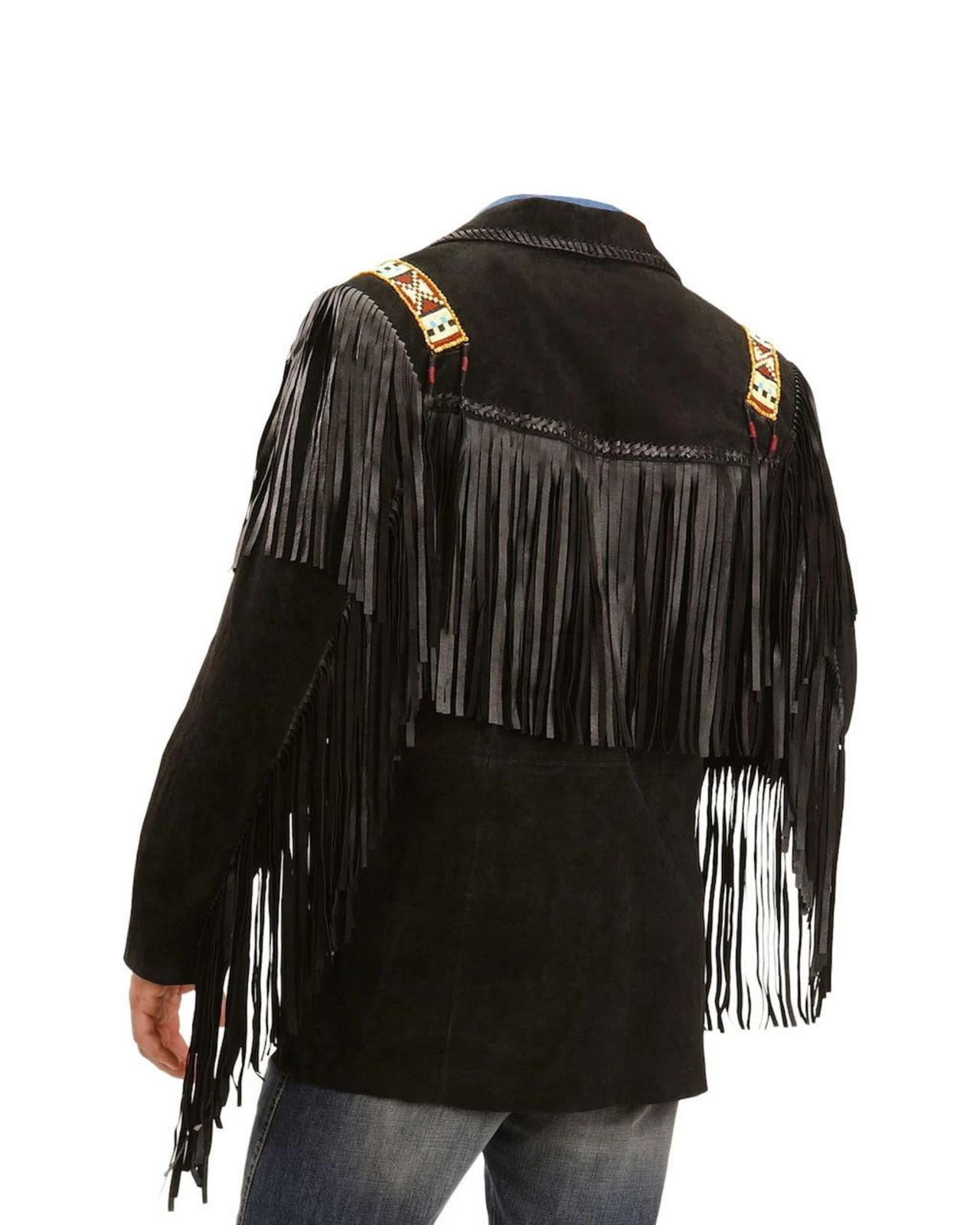 Bestzo Men's Western Eagle Cowboy Fringed & Boned Suede Leather Jacket