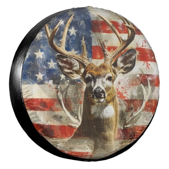 KAKALAD American Flag Deer 01 Spare Tire Cover Universal Vehicle Accessories Buckle Car Tools 14”in