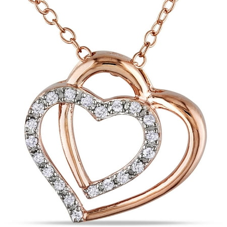 Miabella 1/10 Carat T.W. Diamond Rose Rhodium-Plated Sterling Silver Double Heart Pendant, 18