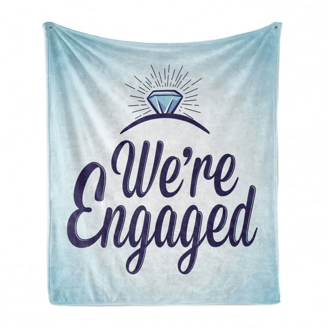 Engagement Party Soft Flannel Fleece Throw Blanket, We Are Engaged Announcement Words Wedding Ring Celebration, Cozy Plush for Indoor and Outdoor Use, 70" x 90", Sky Blue and Navy Blue, by Ambesonne