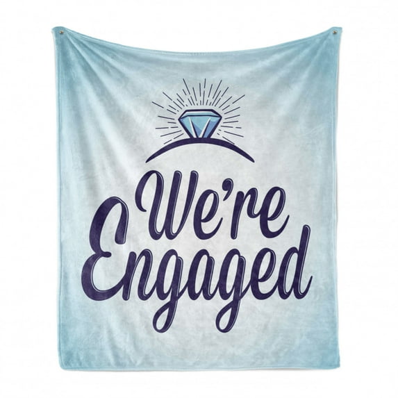Engagement Party Soft Flannel Fleece Throw Blanket, We Are Engaged Announcement Words Wedding Ring Celebration, Cozy Plush for Indoor and Outdoor Use, 70" x 90", Sky Blue and Navy Blue, by Ambesonne