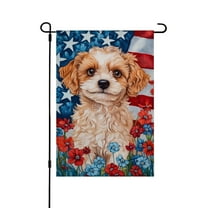 AMHNF Patriotic Puppy with American Flag and Flowers Linen Garden Flag 12x18 inch, Memorial Day Independence Day Yard Flag for Spring Summer Home Outdoor Garden Decoration
