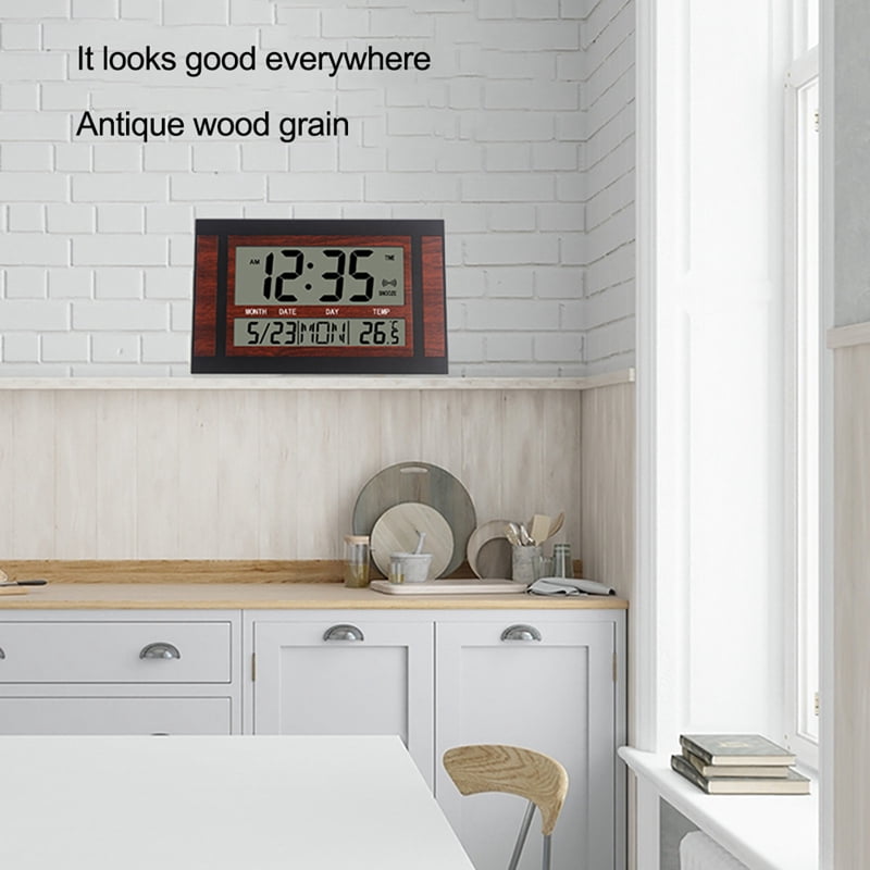 Digital Wall Clock LCD Large Number Time Temperature Calendar Alarm Table Desk Clock Modern Design Office Home Silver