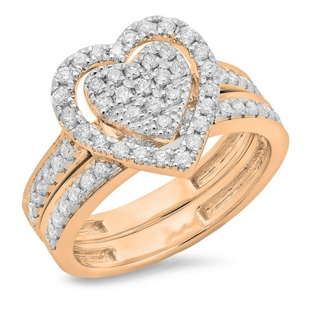 0.80 Carat (ctw) 10K Rose Gold Round Cut White Diamond Ladies Heart Shaped Bridal Engagement Ring With Matching Band Set
