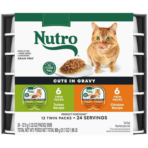 NUTRO Grain Free* Natural Wet Cat Food Cuts in Gravy Turkey Recipe and Chicken Recipe Variety Pack, PERFECT PORTIONS Twin-Pack Trays- 1.32 Ounce (Pack of 24)