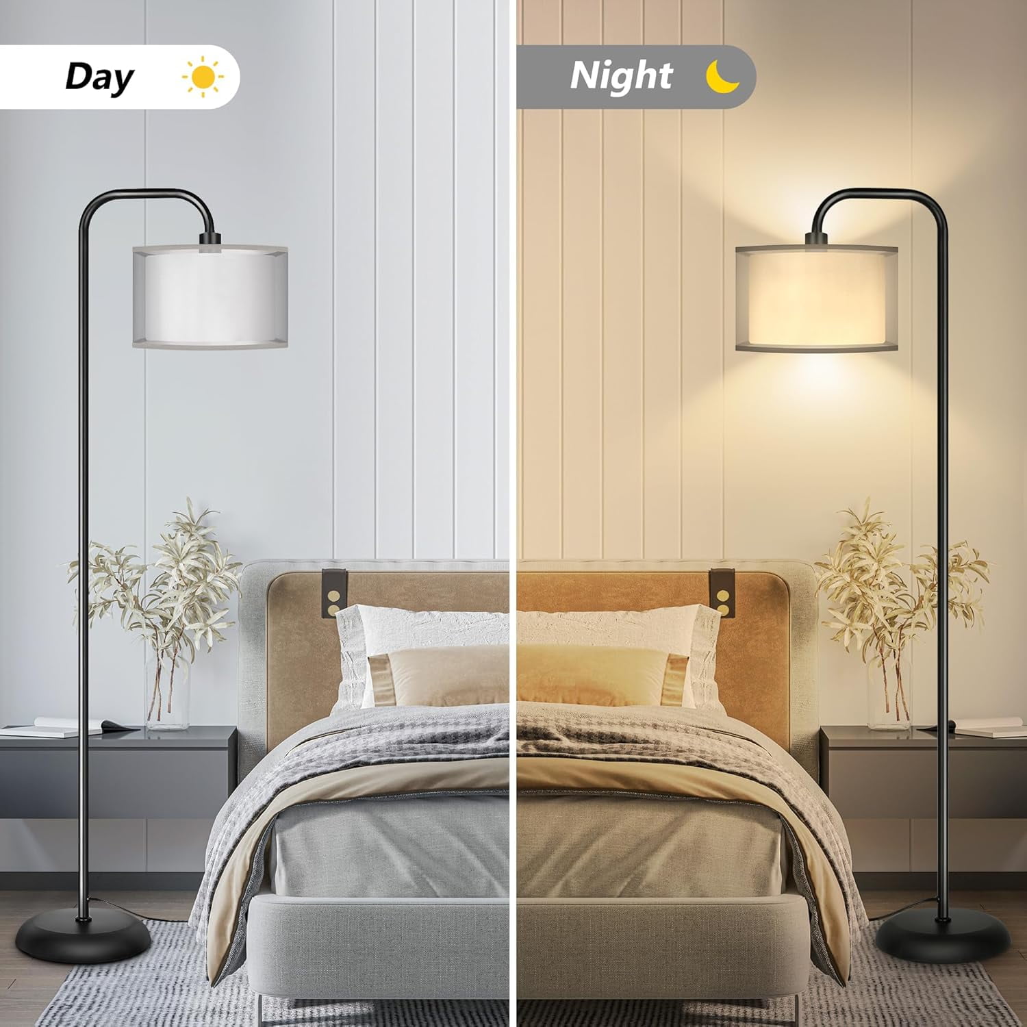 PARTPHONER LED Floor Lamp for Living Room, Modern Standing Lamp with Foot Switch Grey Organza Fabric Shade Tall Pole Reading Lamp for Bedroom Study Room Office, 9W Bulb Included