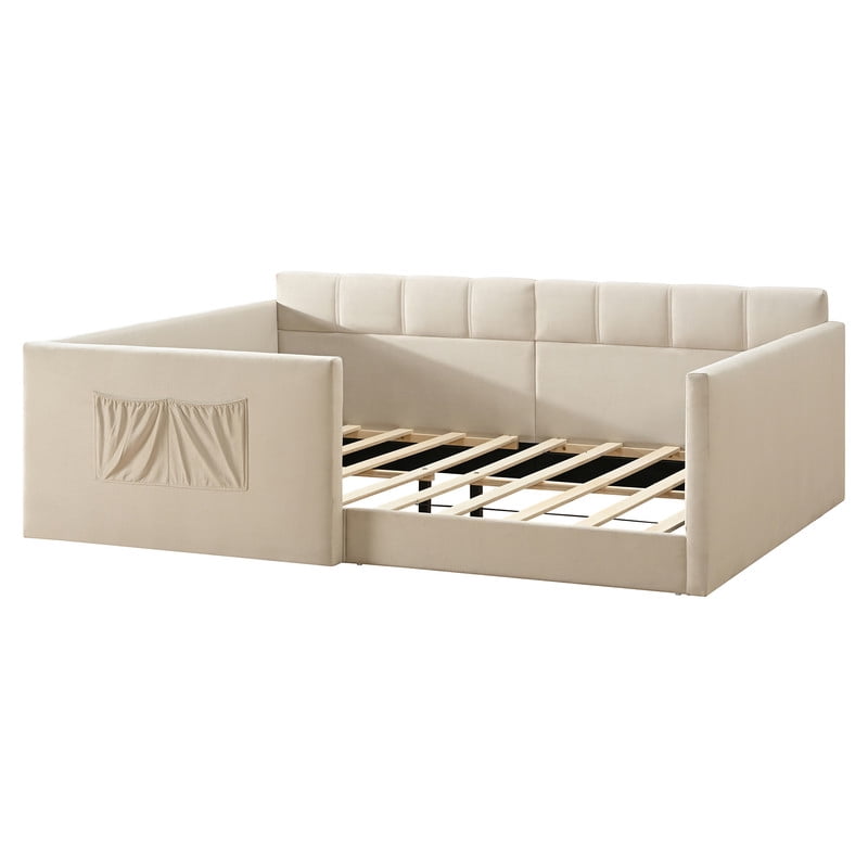 Full Size Velvet Daybed with 2 Storage Pockets, Upholstered Guest Sofa Bed Frame with High & Padded Backrest