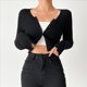 thumbnail image 5 of Cárdigan Corto con Botones Al Frente y Ribete de Lechuga para Mujer, Informal, Ajustado, de Larga, con Cuello Redondo, de Punto. Negro M, 5 of 10