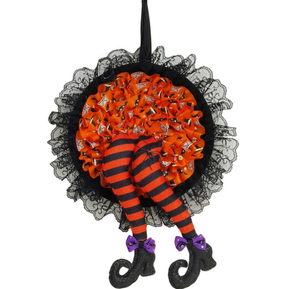 Large 50" Halloween Witch Wreath Handmade Deco Mesh Hat & Leg Door Decor