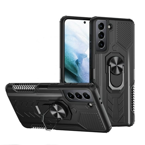 For Samsung Galaxy S21 FE /Fan Edition Military Grade Hybrid Heavy Duty 2 in 1 Hard PC and Silicone with Ring Stand Holder Cover ,Xpm Phone Case [Black]
