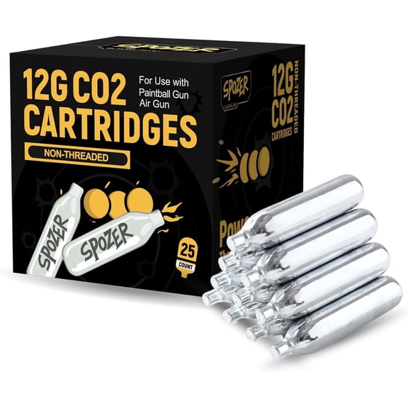 Spozer 12 Gram CO2 Bottles, 25 Count, for Use with Paintball, Air Rifles, Color Silver. Net Content 25