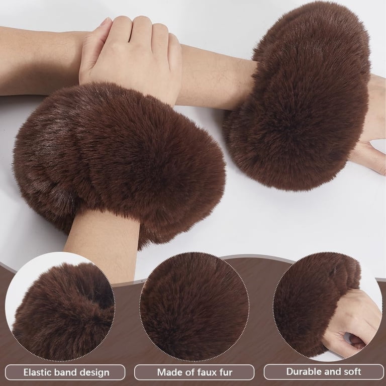 1 Pair Brown Faux Fur Cuffs Wrist Arm Warmers Coffee Winter Short