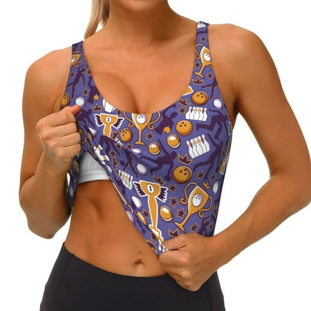 Qokaie Bowling Game Pattern Womens Scoop Neck Sports Bra Breathable Workout Vest Padded U Back Medium Impact Fitness Gym Yoga Bra Workout Crop Top