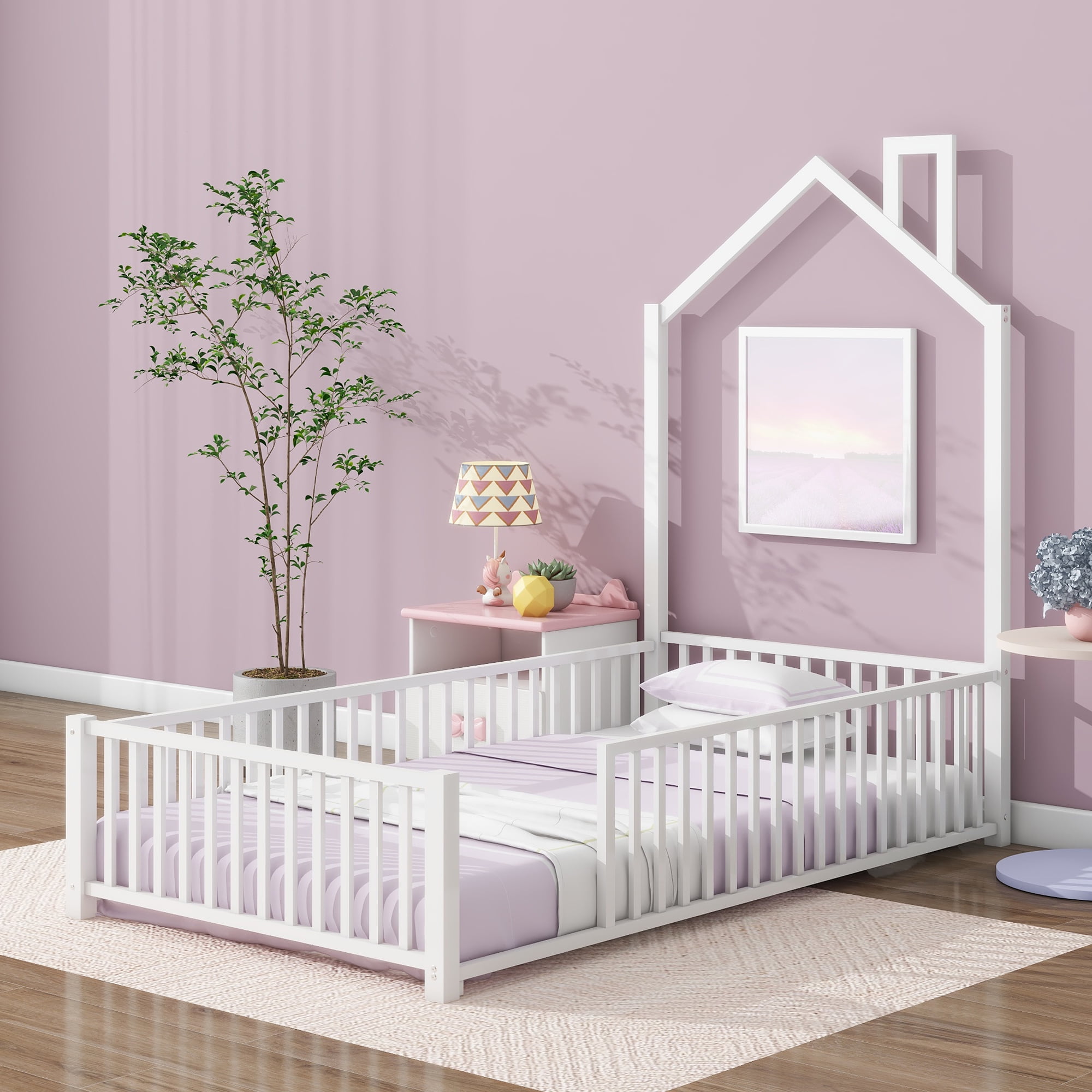 DreamBuck Metal House Floor Bed with Fence Guardrail and Chimney, Twin Floor Bed fors, No Weight Capacity Limit, Heavy Duty Floor Bed Frame for Bedroom, Easy Assembly, White