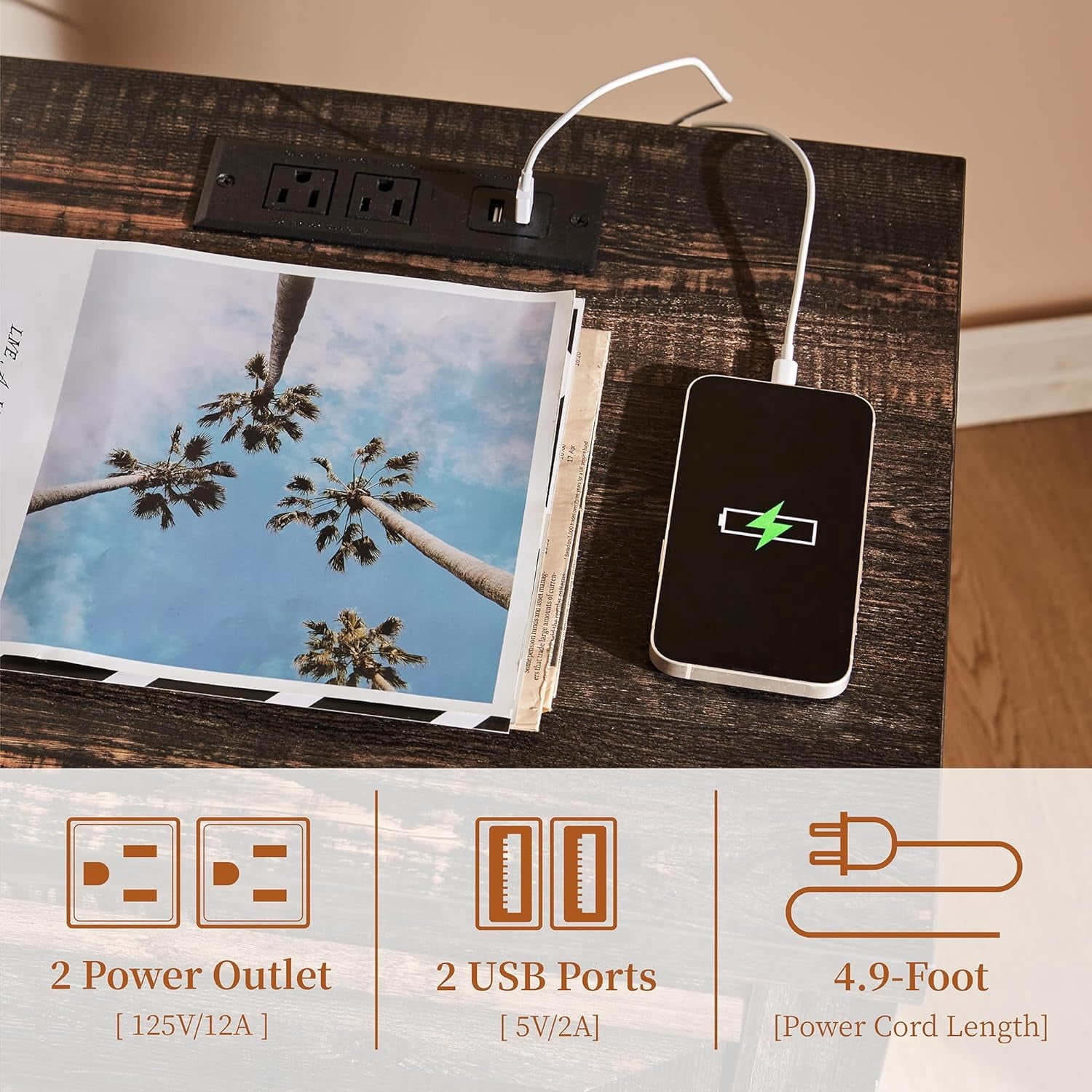 Merluxy Nightstand Set of 2 with Charging Station, Farmhouse Wood Bedside Table with Dark Oak