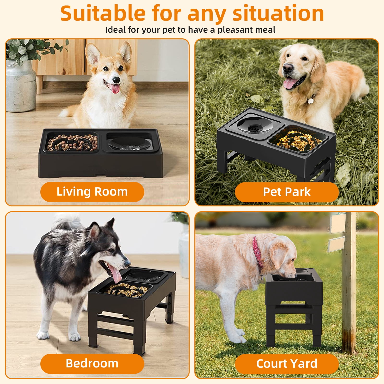 Elevated Dog Bowls, Slow Feeder Raised Dog Bowl 4 Height Adjustable No Spill Water Bowls & Non-slip Food Bowls Stand for Small Medium Large Sized Cats Dogs and Pets