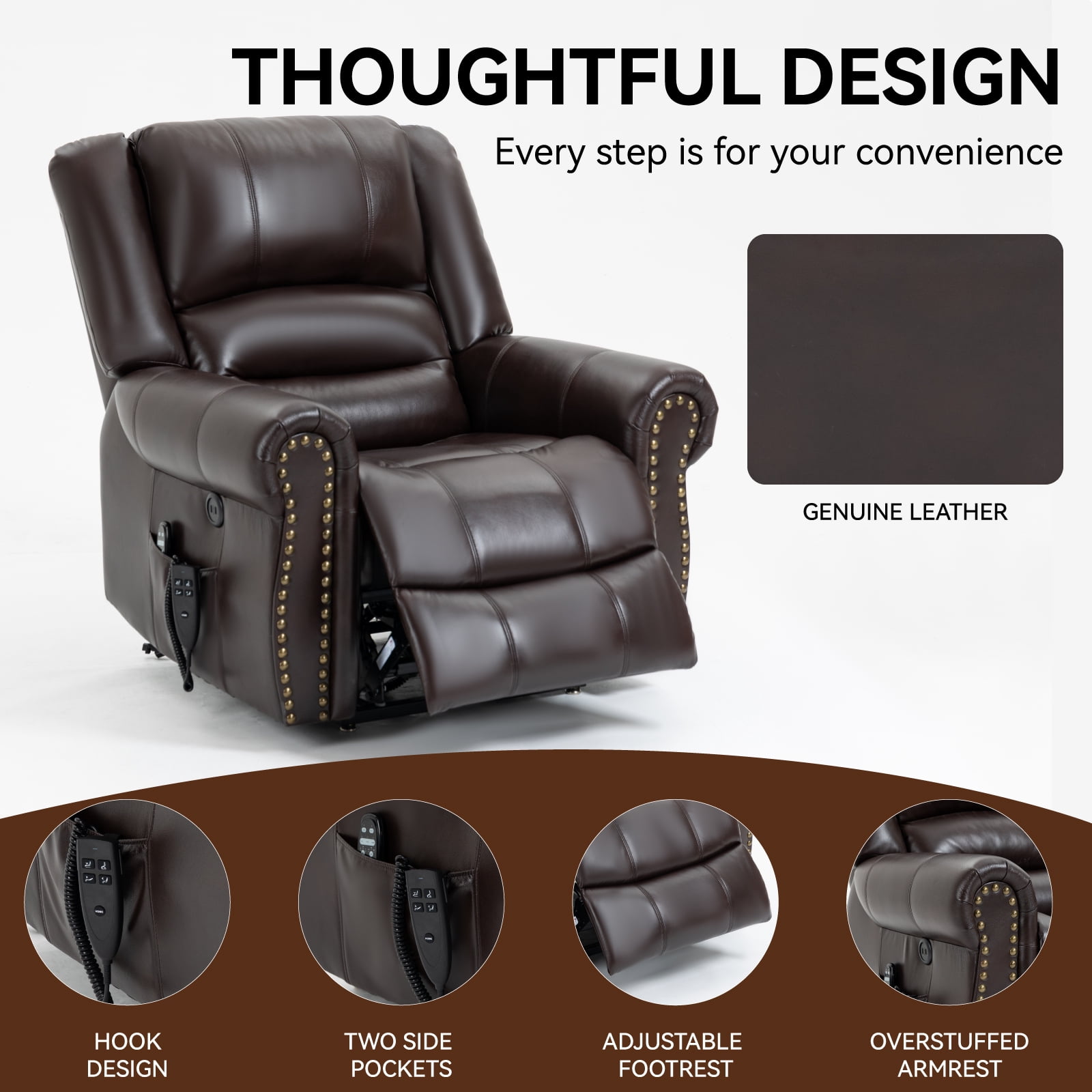 Alvantor Large Power Lift Recliner Chair for Elderly with Massage and Heat Faux Leather Electric Recliners Chair with USB Ports for Living Room Antique Brown