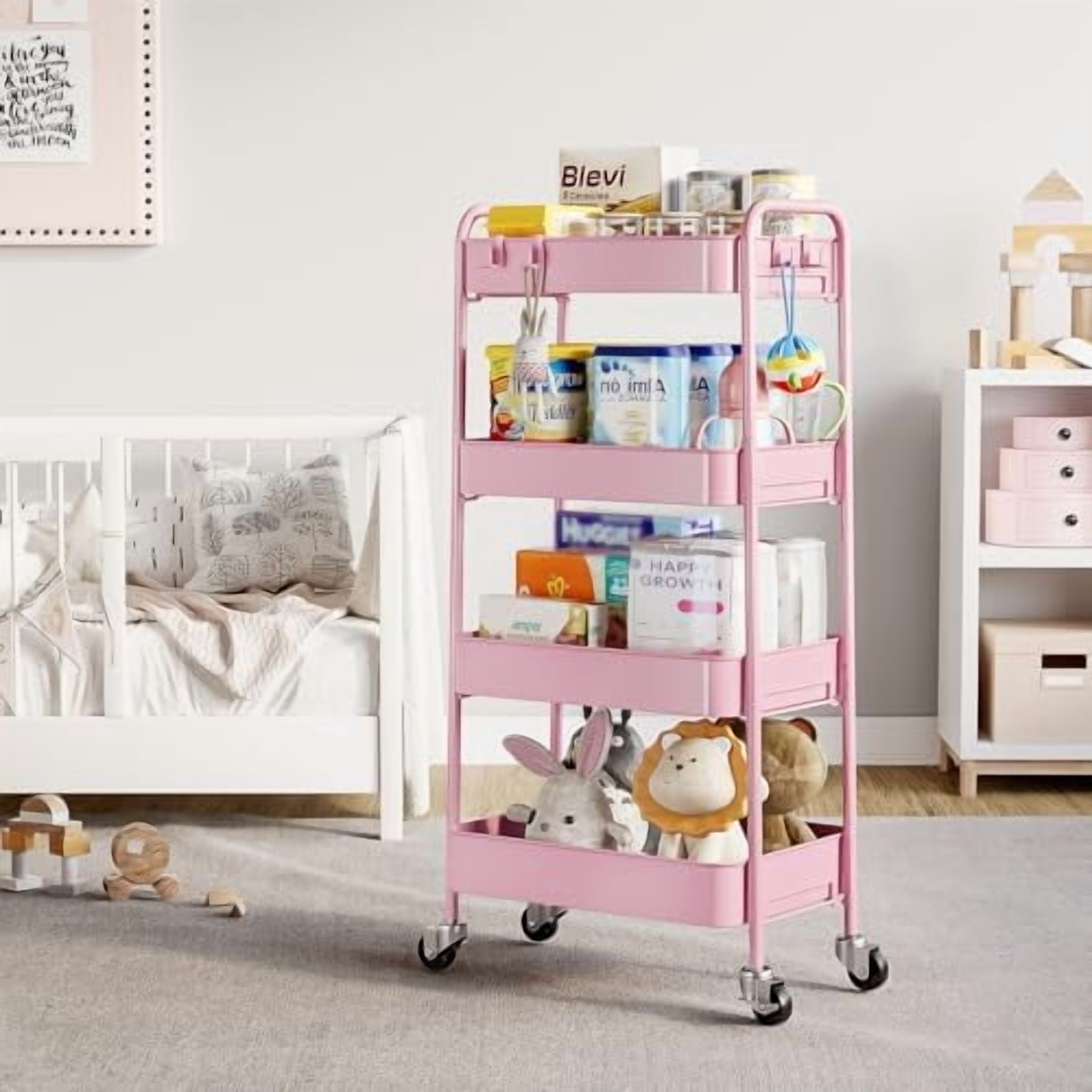 4-Tier Metal Rolling Cart with Wheels, Storage Utility Organizer Cart for Kitchen, Bathroom, Office, Baby Essentials & Makeup - Lockable Casters, Easy Assembly, Large Capacity, Pink