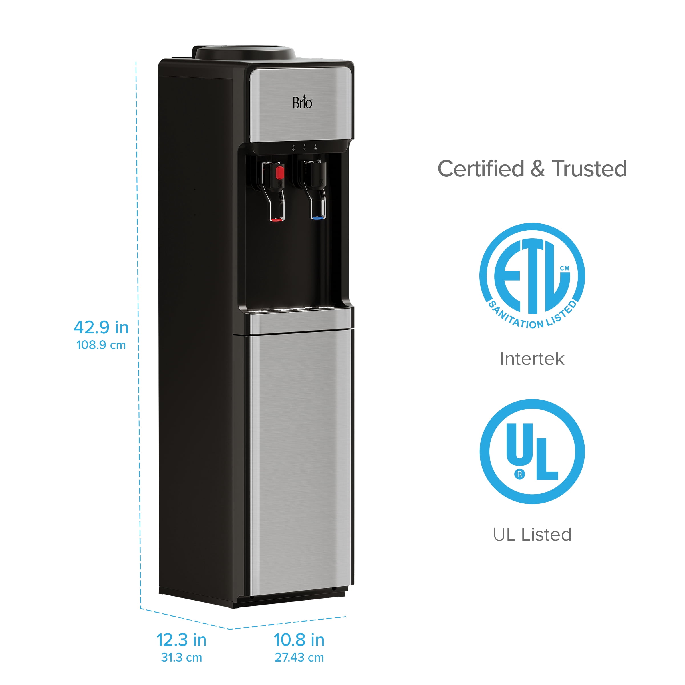 Brio 300 Series Slimline Top-Load Water Dispenser for 3 & 5 Gallon Bottles, Paddle Dispensing, Hot & Cold, LED Indicator Lights, Stainless Steel