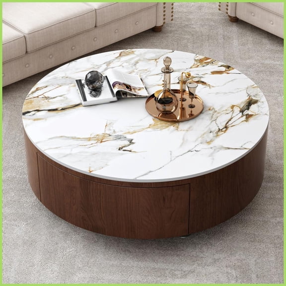 Round Sintered Stone Coffee Table with Walnut Base – Easy-Clean & Storage for Living Room