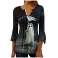 thumbnail image 2 of VKOYWKM Halloween Tunic Tops for Women 3/4 Bell Sleeve Henley Shirt Cute Ghost Graphic Button V Neck Hide Belly Shirts Pleated Empire Waist Fall Blosue, 2 of 5