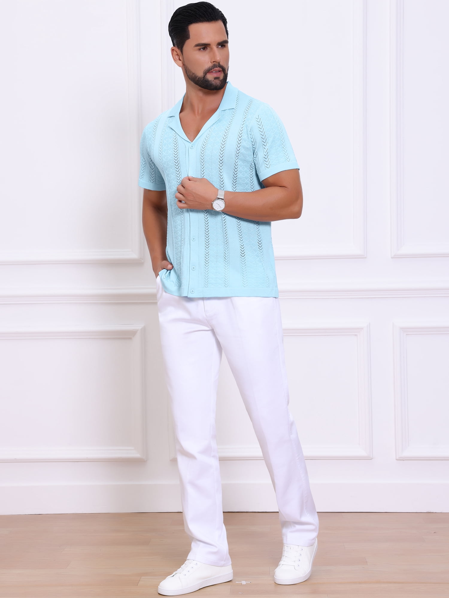 DARING DIVA Men's Hollow Knitted Shirt Short Sleeve Button Down Striped Shirts 2XL Blue