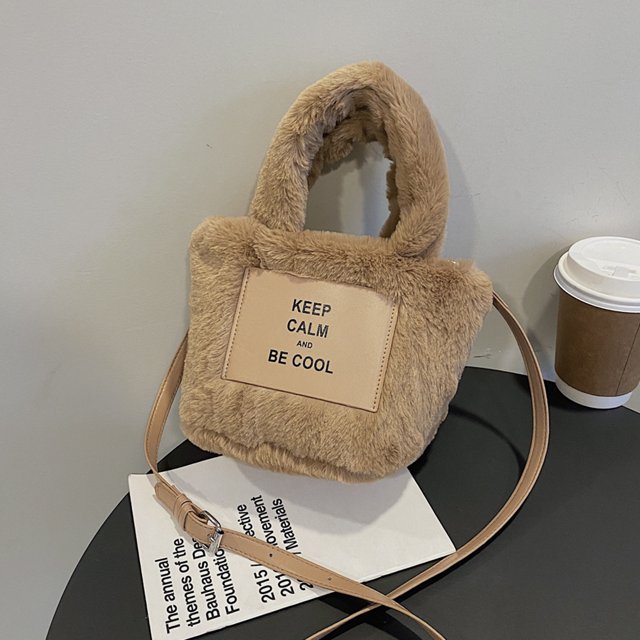 Bolsas De Hombro Bolso Bolso bandolera de felpa Bolsos de mano con letras informales Invierno suave para fiesta (Caqui)