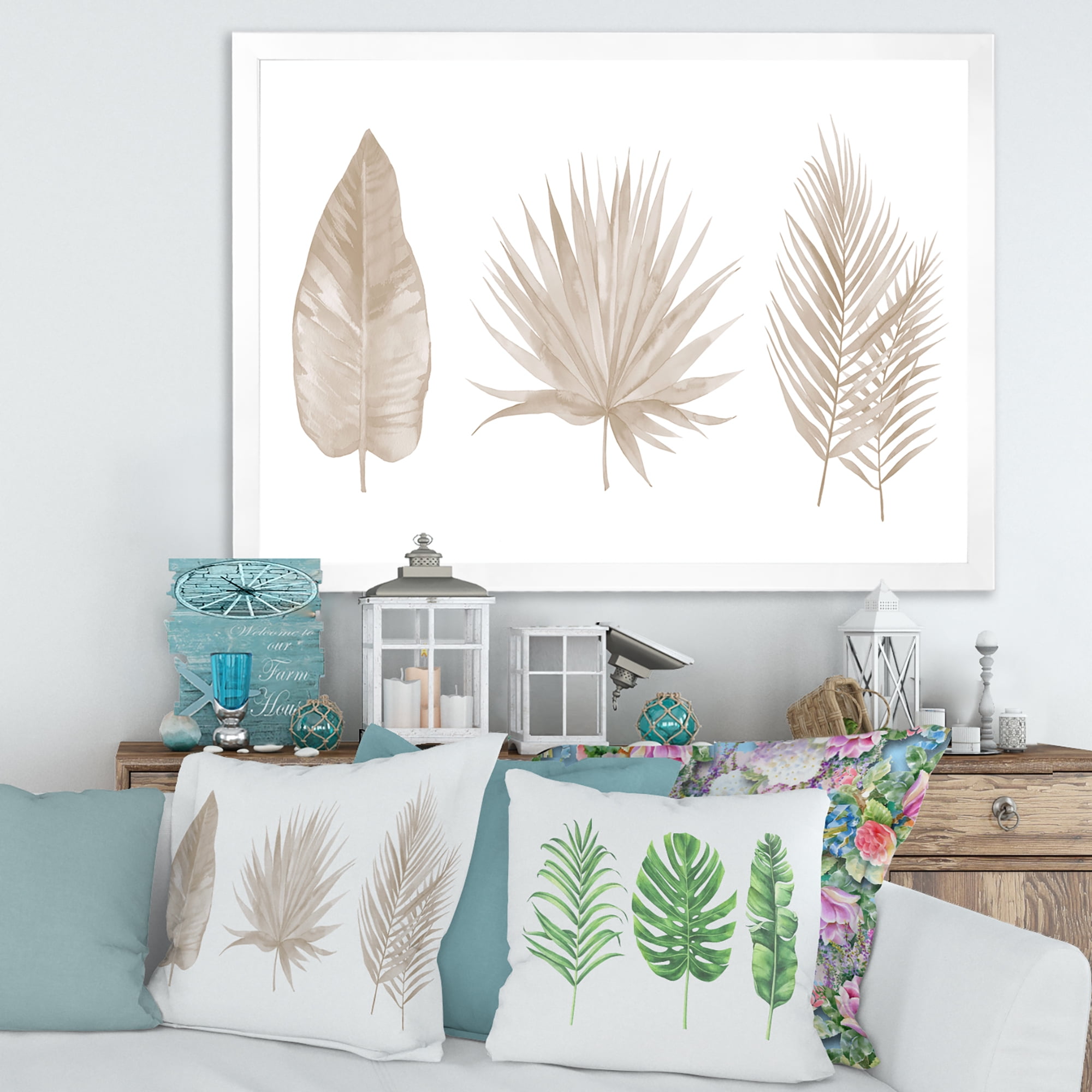 Designart 'Tropical Beiges Leaves On White' Traditional Framed Art Print