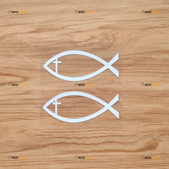 Ichthys Jesus Fish Cross Christian Symbol Ichthus Sticker Decal Vinyl - 2 Pack White 4" - For Car Boat Laptop Cup No Background Die-cut
