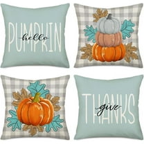 Fall Pillow Covers 20 x 20 Inch Set of 4, Hello Pumpkin Give Thanks Throw Pillow Covers Teal Gray Buffalo Plaid Autumn Thanksgiving Decorations Outdoor Farmhouse Cushion Case for Couch