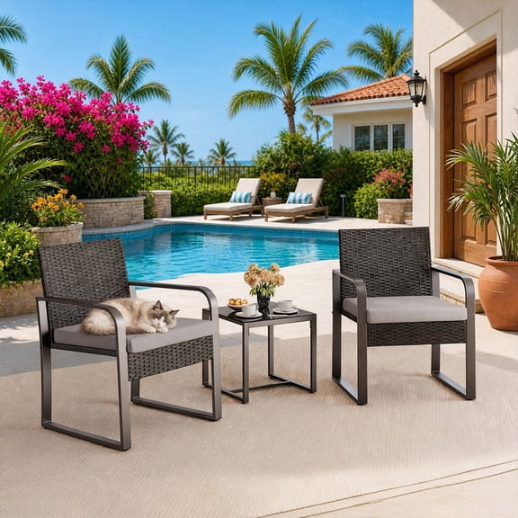 3-Pieces Rattan Patio Set w/ Glass Table & Cushions - Weather-Resistant Conversation Seating, Gray
