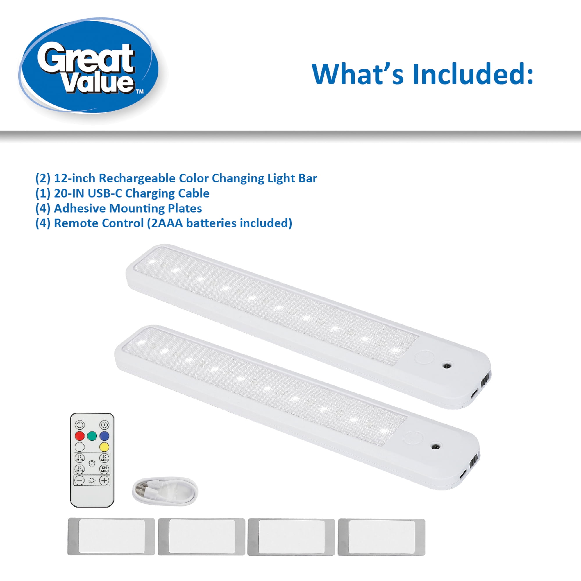 Great Value LED 100 Lumens 12-inch Rechargeable Color-Changing Under Cabinet Light, 2-Pack