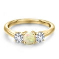 thumbnail image 3 of Gem Stone King 10K Yellow Gold White Ethiopian Opal and White Created Sapphire Engagement Ring for Women | 0.80 Cttw | Round Cabochon 5MM | Gemstone October Birthstone | Size 9, 3 of 6