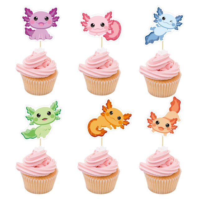 Decoración para cupcakes Foowztao Axolotl para niños y niñas, cumpleaños, 36 unidades