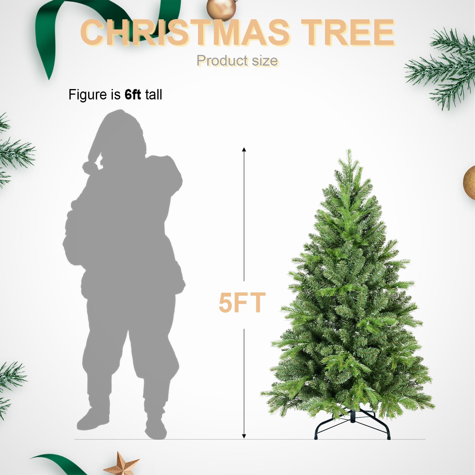 5 ft Green PVC Christmas Tree with 756 PE and PVC Tips, Hinged Branches, Metal Stand