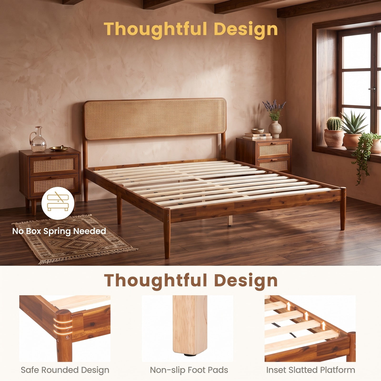 Furnibear Full Size Bed Frame with Storage, Boho Rattan Wood Platform Bed Frame with Acacia Slat Support, No Box Spring, Brown