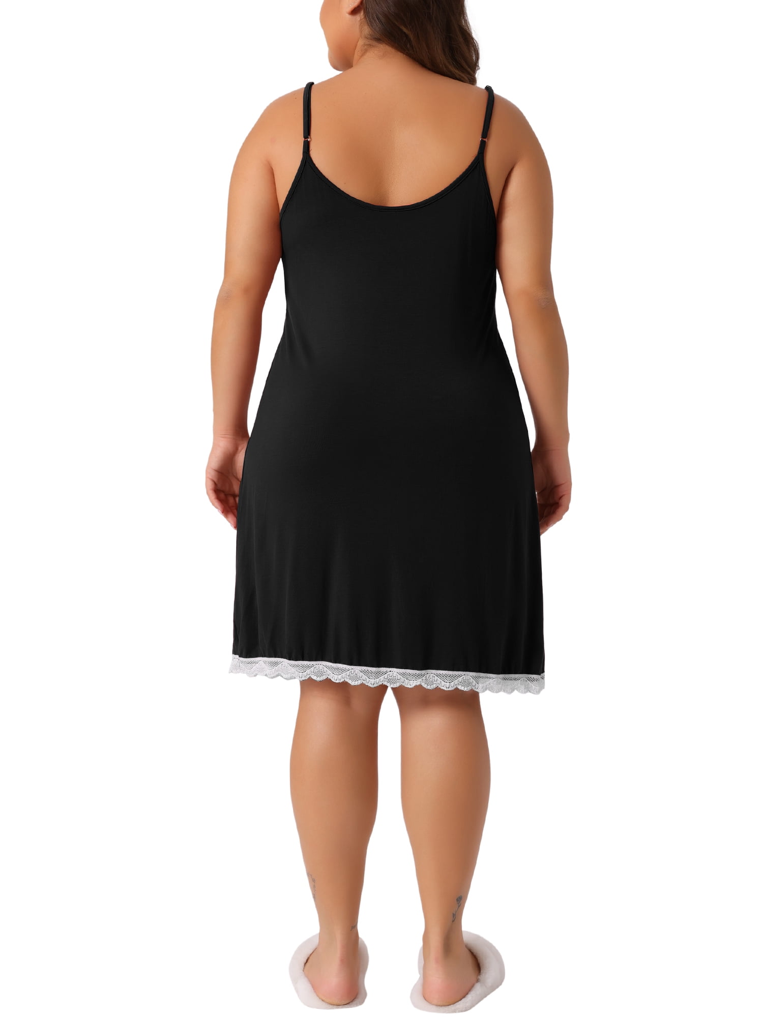 Agnes Orinda Women's Plus Size Pajama Lace Spaghetti Straps Babydoll Chemise Nightgown Lingerie V Neck Nightdress 1X Black